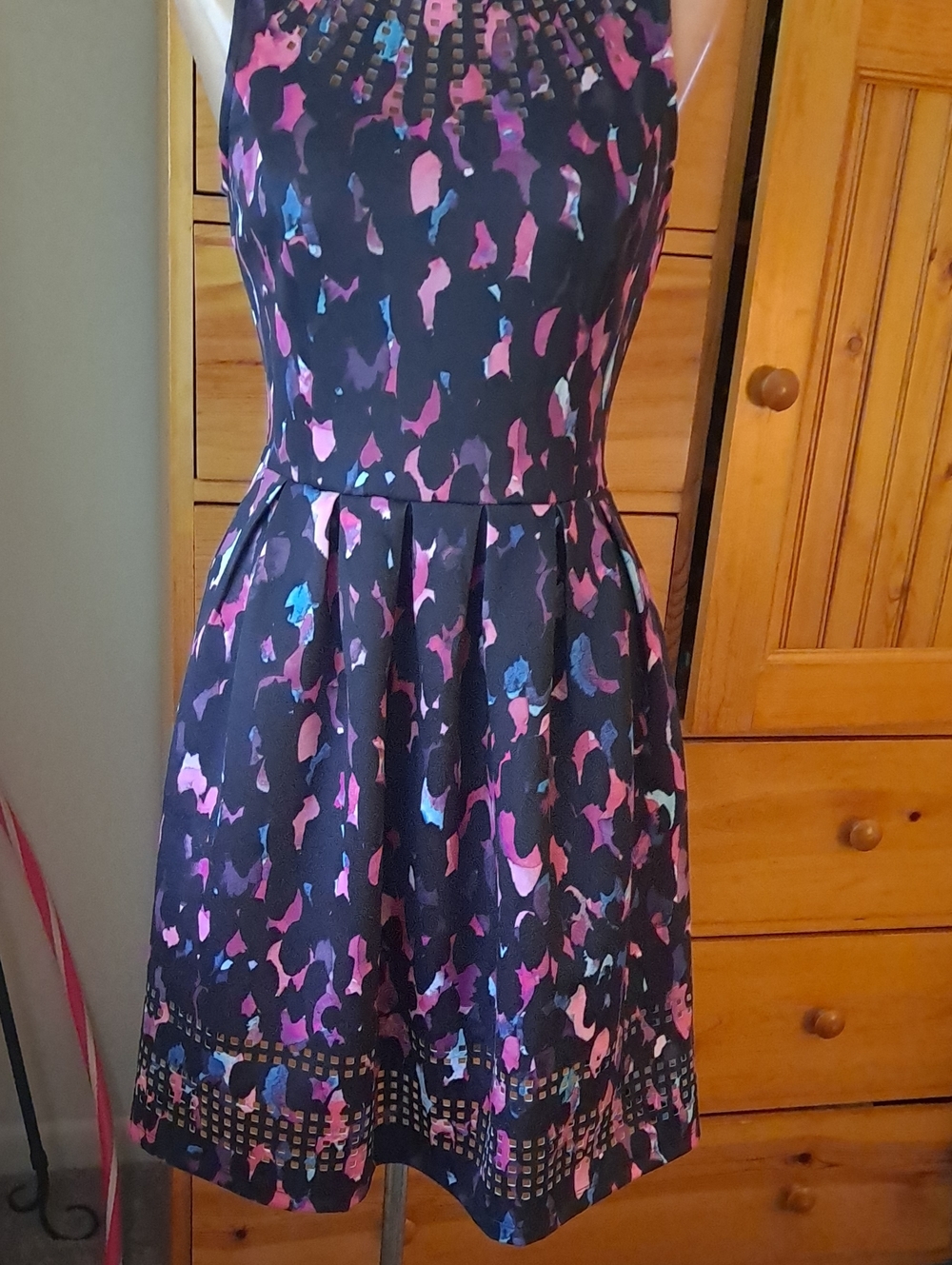 Apt. 9 Black Fit-and-Flare Dress with Pink & Blue Floral Print Sz XS